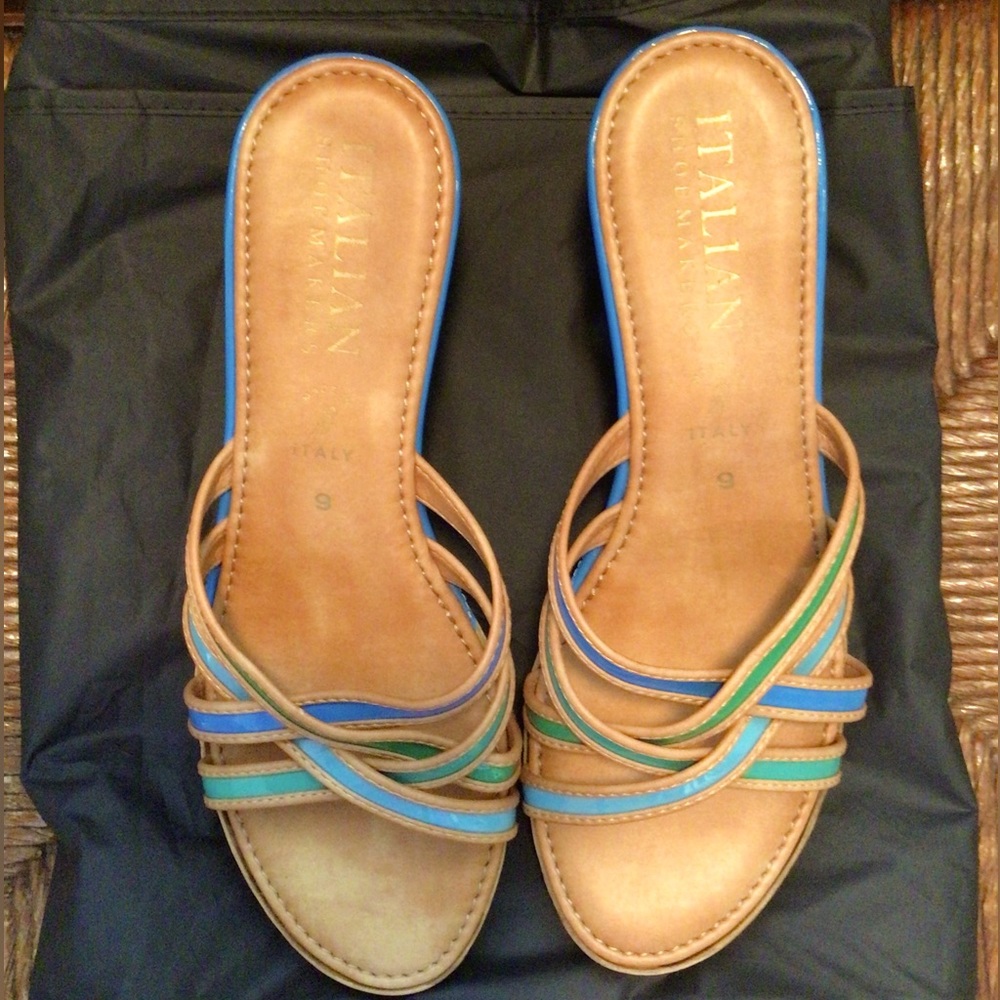 Tan, blue, and green strapped sandals